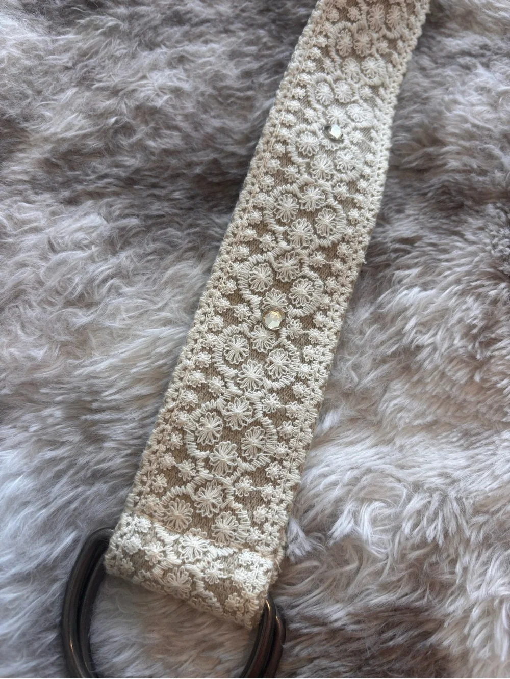 Cream Crochet Fabric Belt with Double Ring Buckle